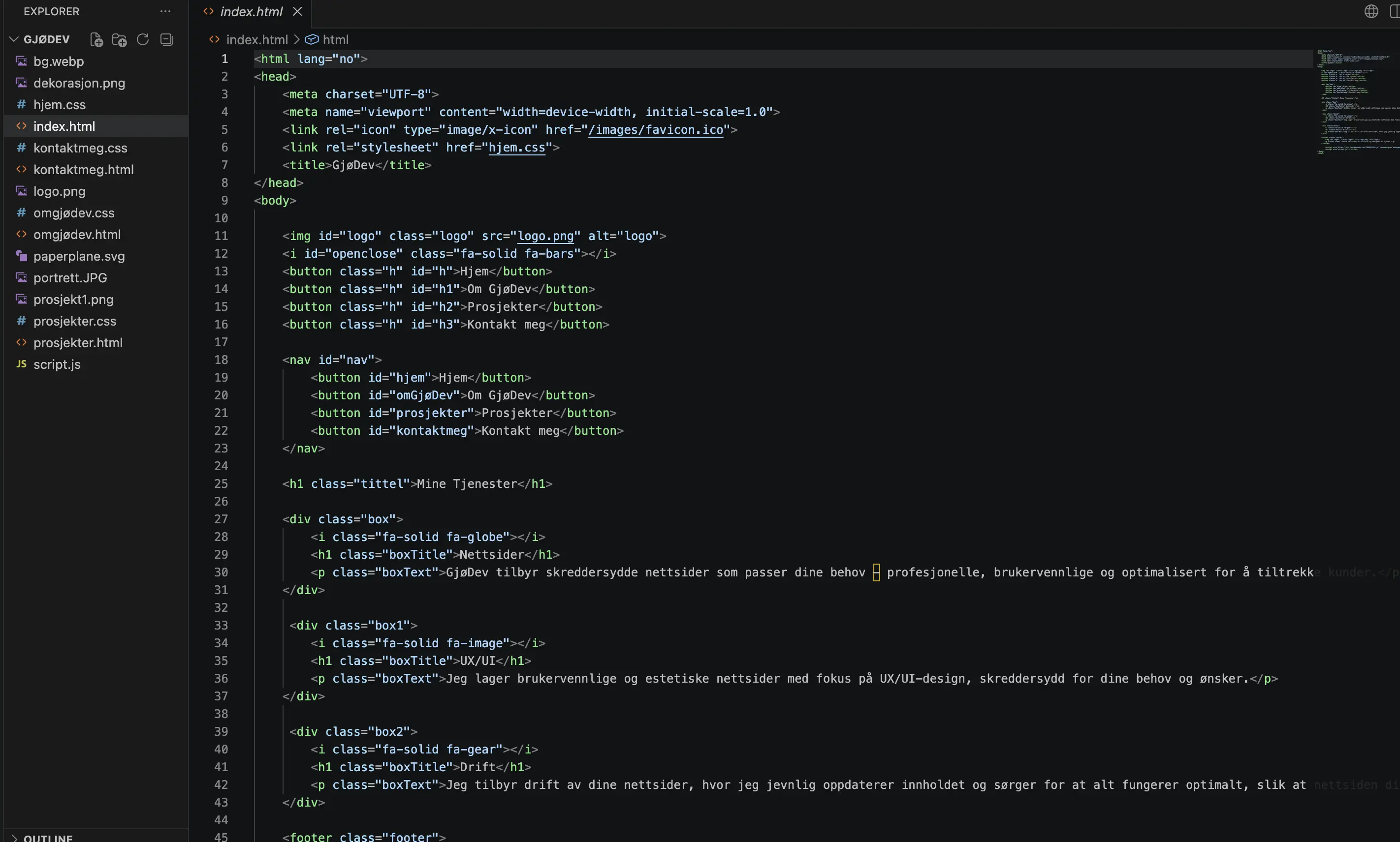 Web development project open in VS Code showing HTML and CSS code for a responsive website