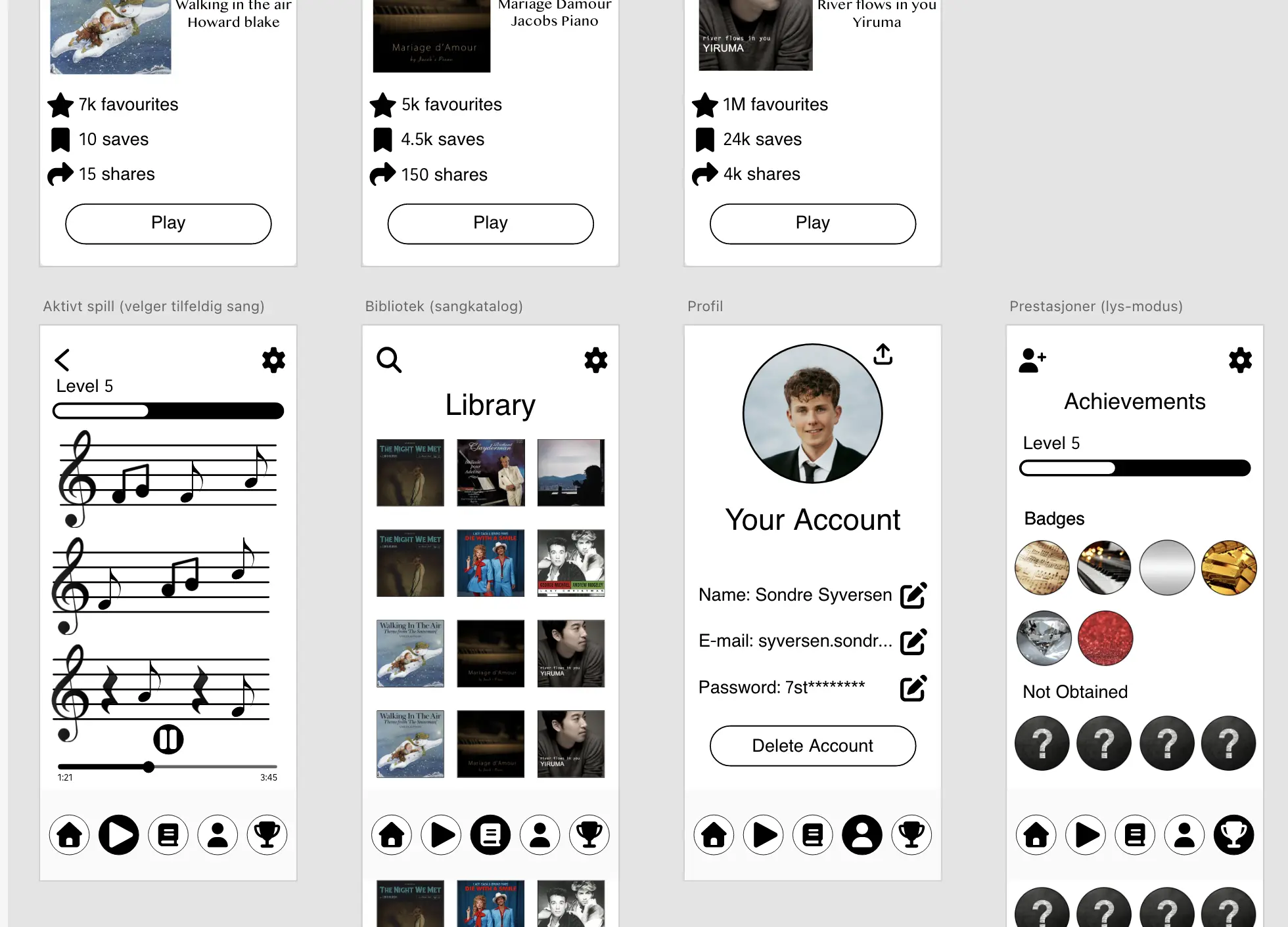 UI/UX app prototype designed in Adobe XD for a sheet music learning application